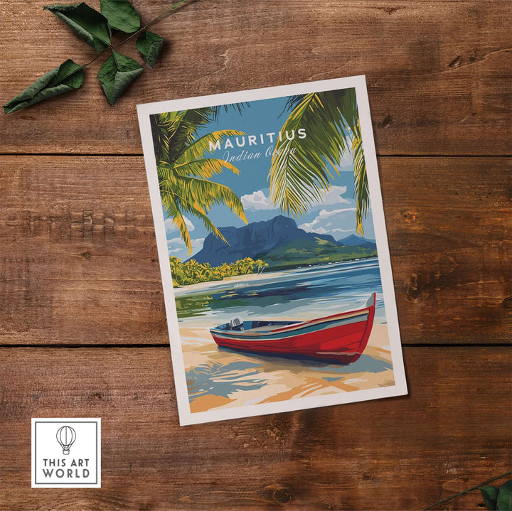 Mauritius Island wall art poster featuring a red boat on Indian Ocean beach landscape, tropical paradise decor.