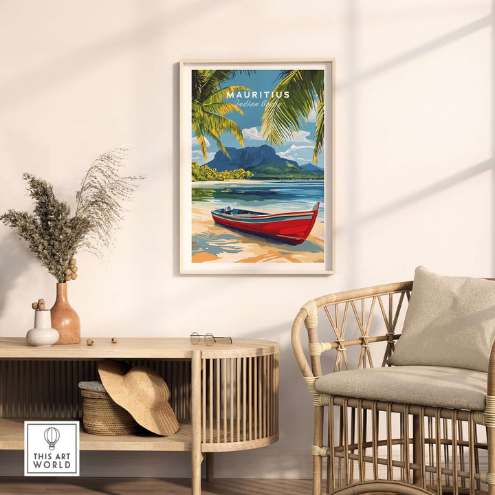Mauritius Island wall art featuring a vibrant beach landscape with a red boat and lush greenery, perfect for home decor.