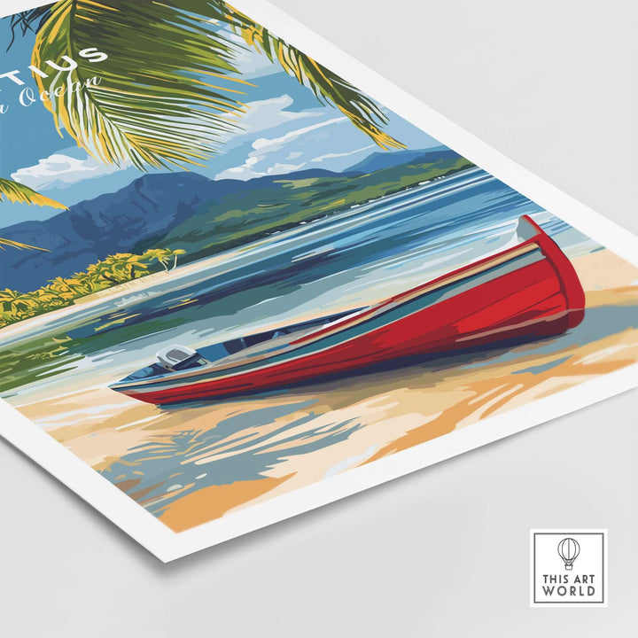 Vibrant Mauritius Island wall art featuring a red boat on a serene beach landscape by the Indian Ocean.
