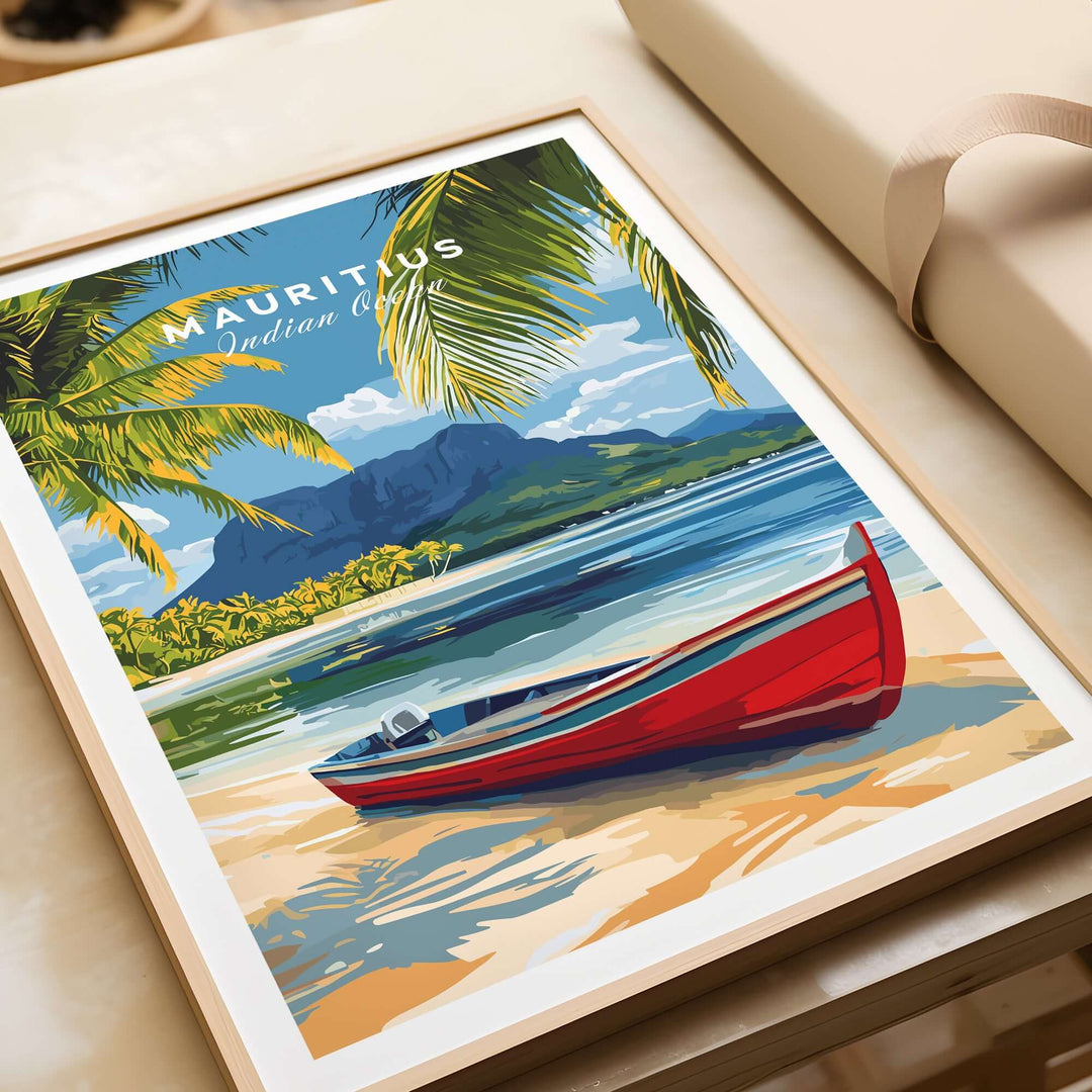 Vibrant Mauritius Island wall art featuring a red boat on a serene beach landscape by the Indian Ocean.