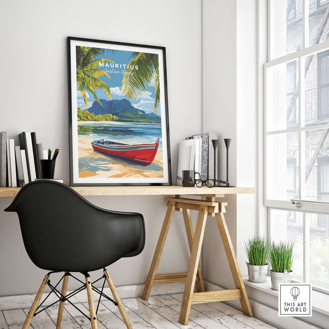 Mauritius Island wall art featuring a vibrant beach landscape with a red boat, perfect for home decor.