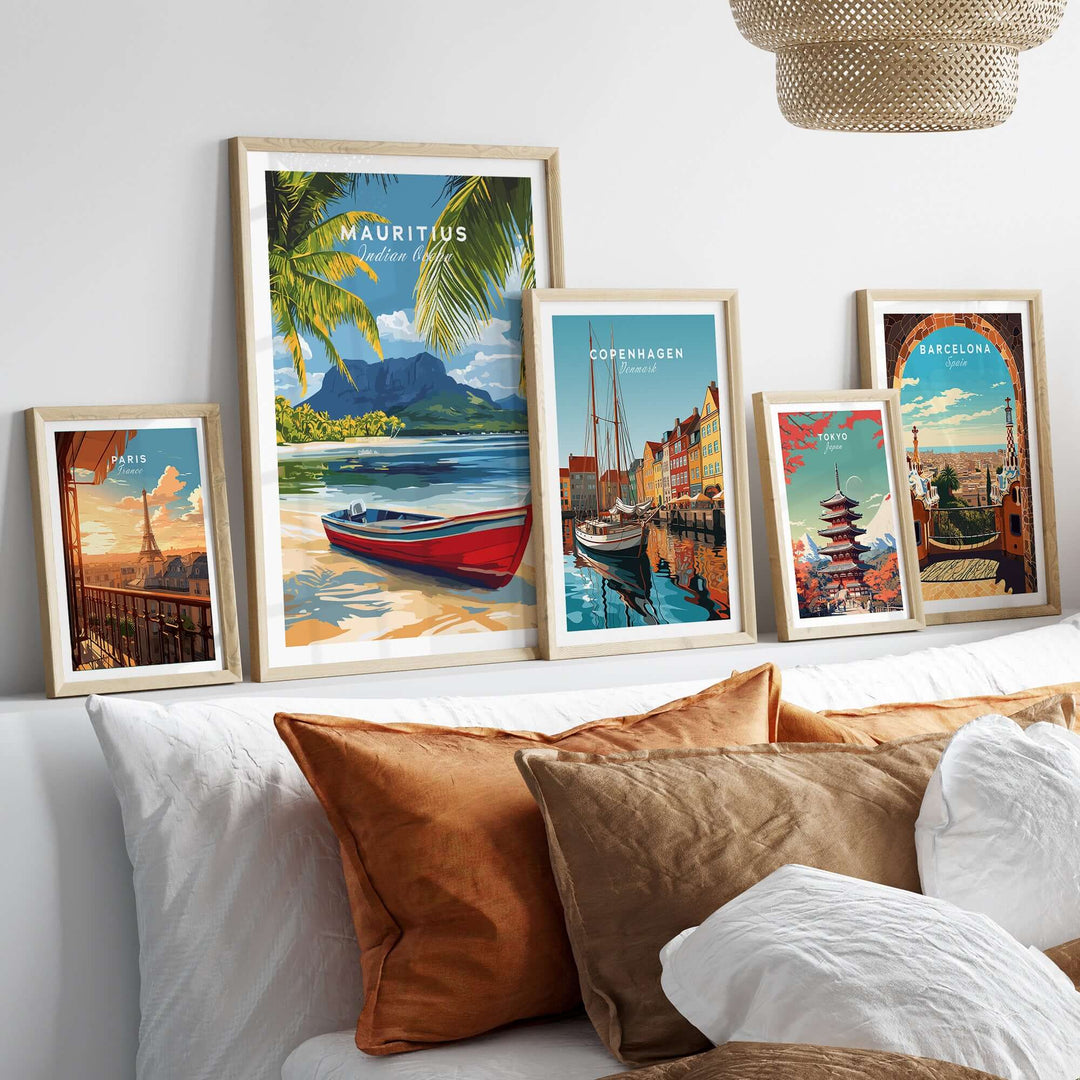 Mauritius Island wall art poster featuring the Indian Ocean and tropical beach landscapes in a stylish home setting.
