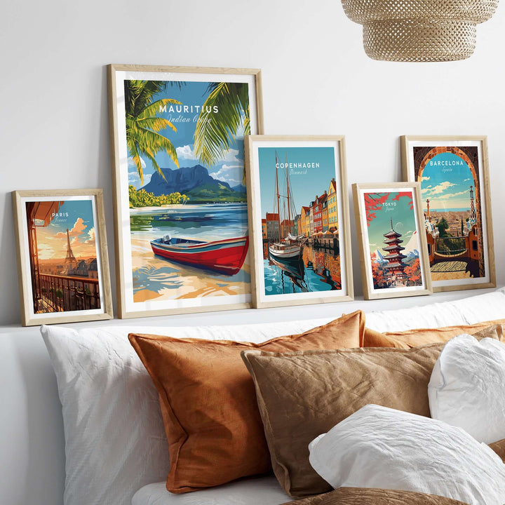 Mauritius Island wall art poster featuring the Indian Ocean and tropical beach landscapes in a stylish home setting.