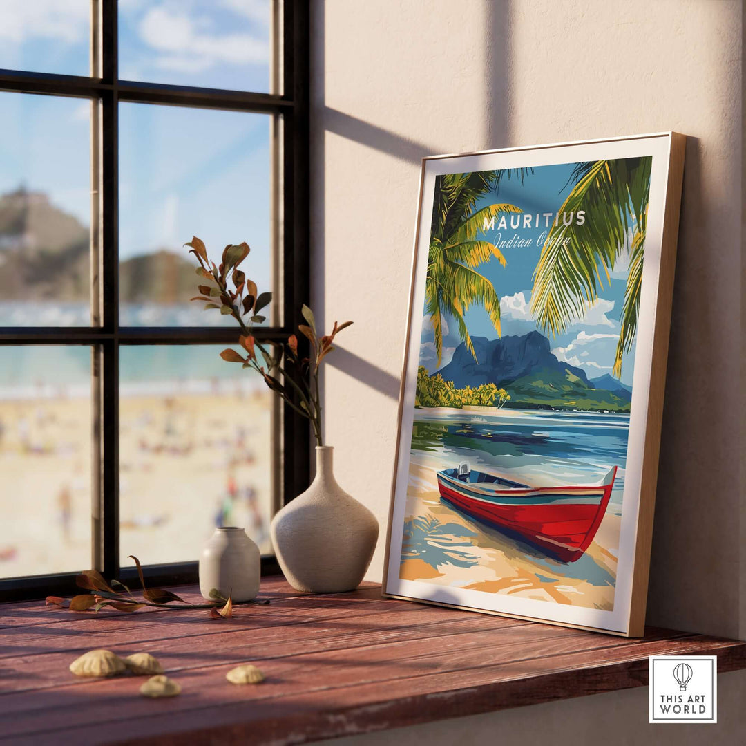 Mauritius Island wall art poster featuring a beach landscape with a red boat in front of a vibrant ocean view.