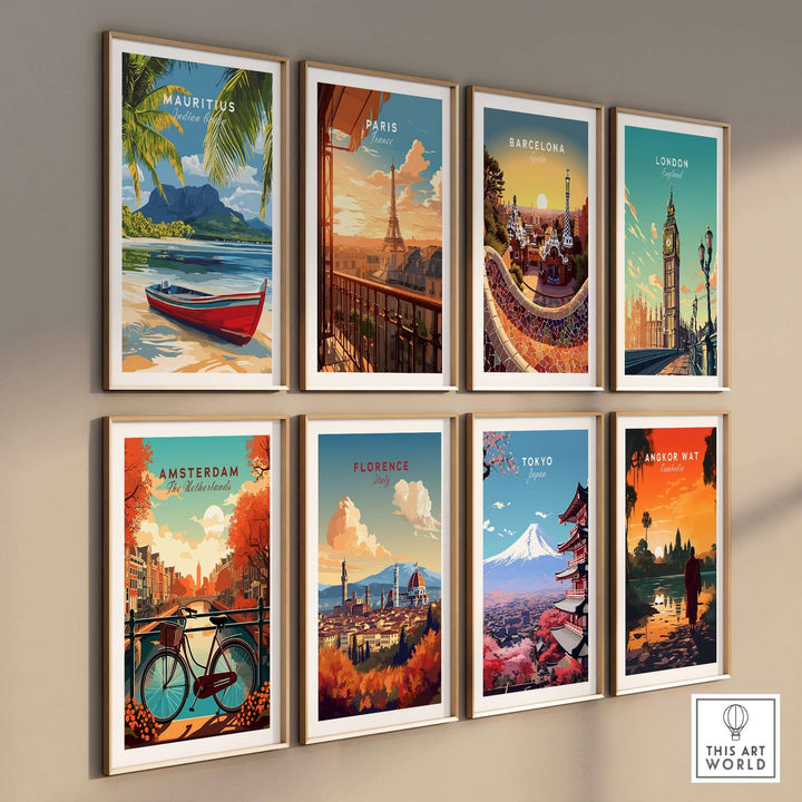 Colorful travel wall art featuring posters of Mauritius, Paris, Barcelona, London, Amsterdam, Florence, Tokyo, and Bangkok.