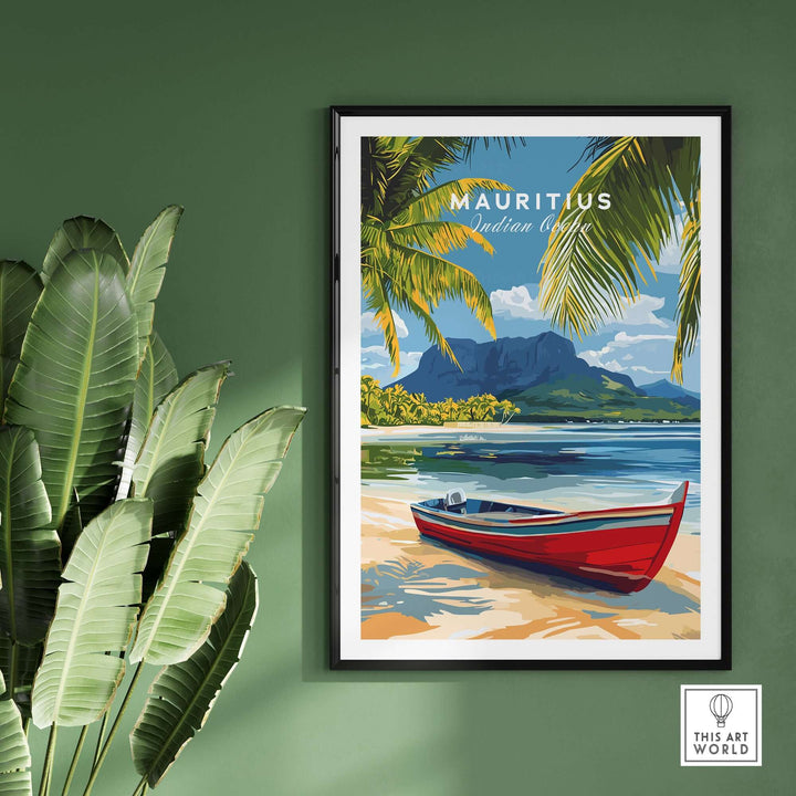 Mauritius island wall art featuring a vibrant beach landscape and a red boat on the Indian Ocean.