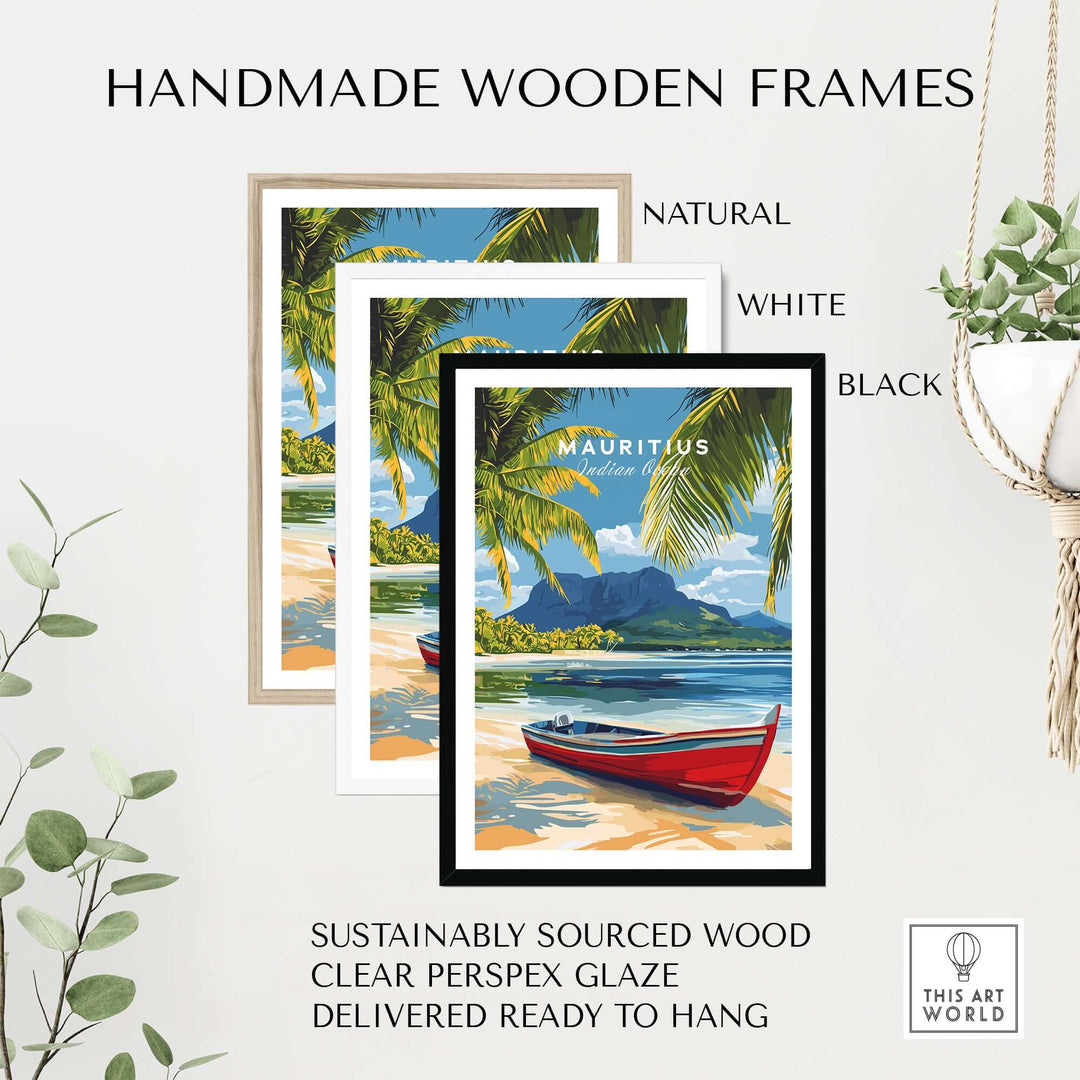 Handmade wooden frames in natural, white, and black for Mauritius Island wall art, sustainably sourced and ready to hang.