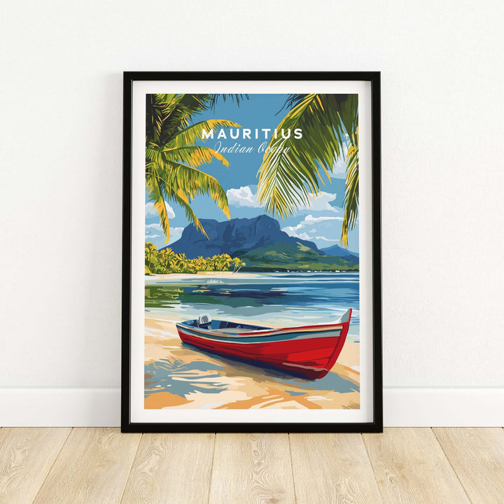 Mauritius Island wall art featuring a red boat on a beach with palm trees and mountains, vibrant Indian Ocean landscape.