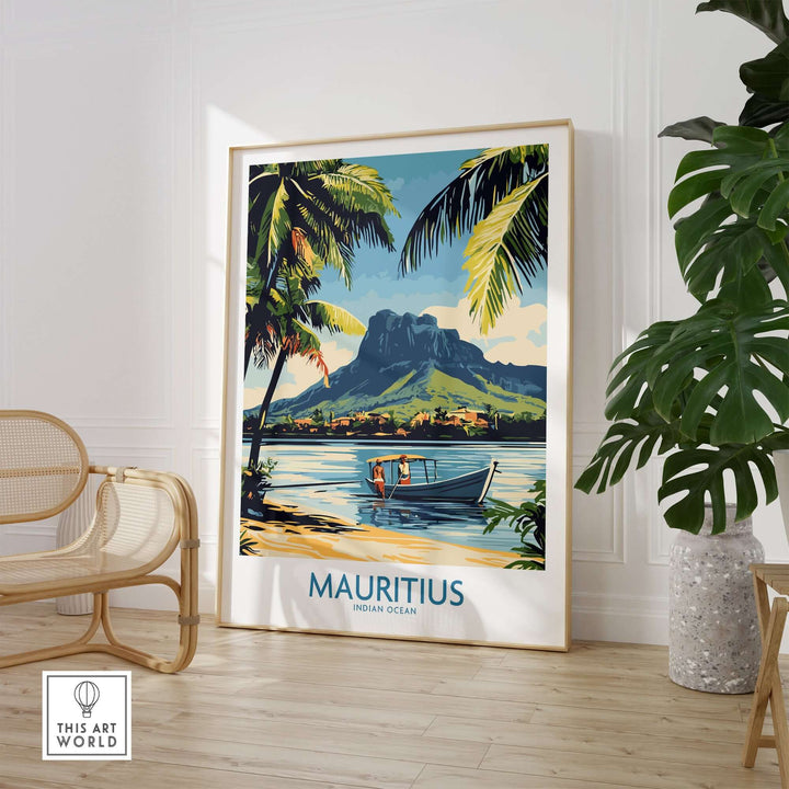 Mauritius landscape print featuring palm trees and a serene boat on the Indian Ocean, perfect for island charm home decor.