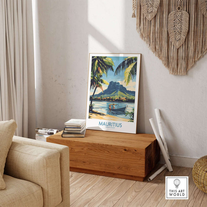 Mauritius landscape print featuring palm trees and a boat, perfect for adding island charm to your home decor.