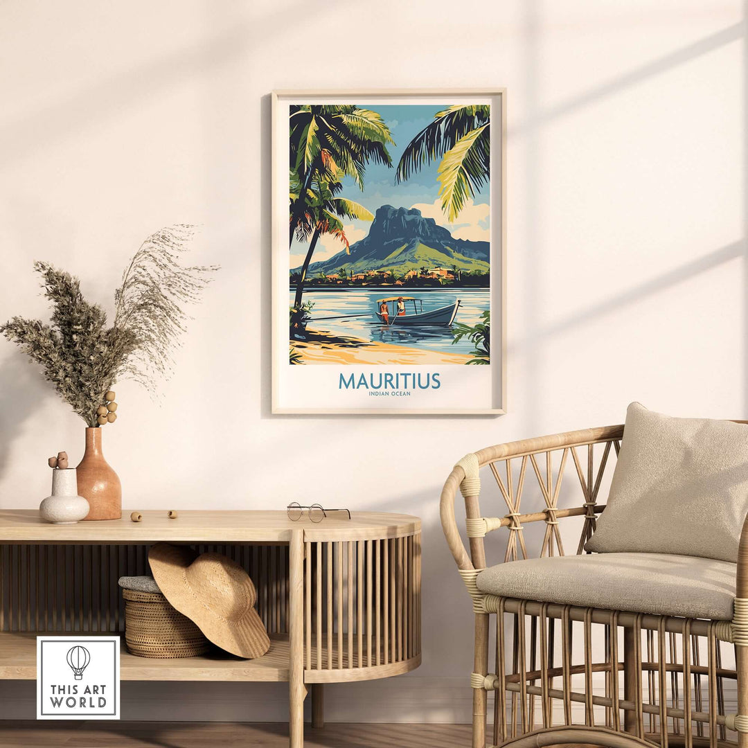 Mauritius landscape print featuring tropical scenery with palm trees and mountains, perfect island charm wall art for home decoration.
