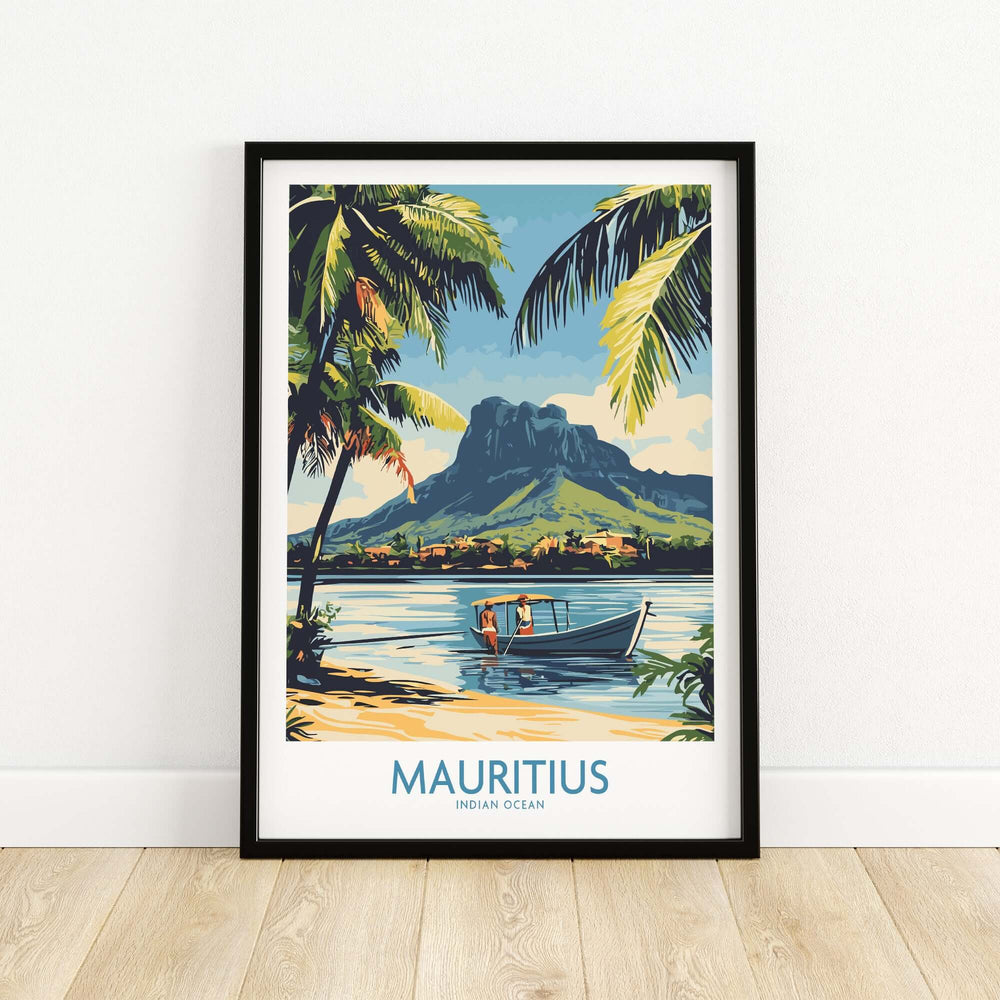 Mauritius landscape print showcasing serene beach, boat, and mountains, perfect wall art for home decor.