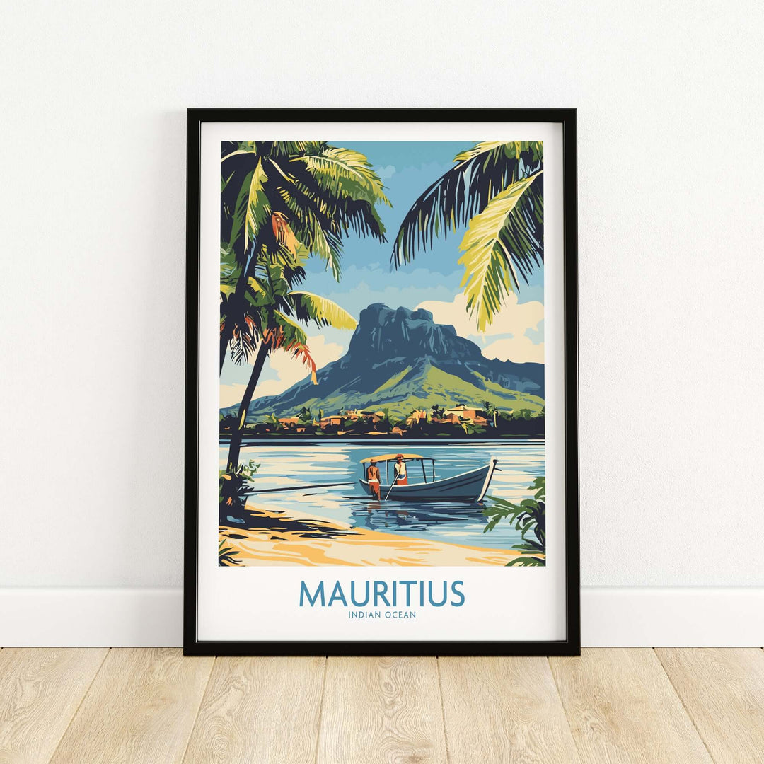 Mauritius landscape print showcasing serene beach, boat, and mountains, perfect wall art for home decor.