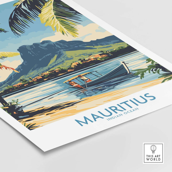 Mauritius landscape print featuring a serene boat scene by the Indian Ocean, ideal wall art for island charm.