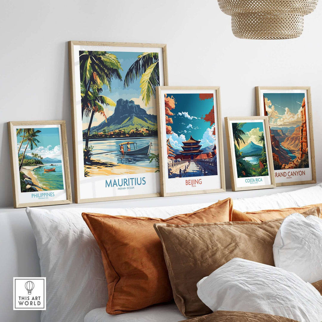Colorful Mauritius landscape print and travel-themed wall art displayed in a cozy home setting.