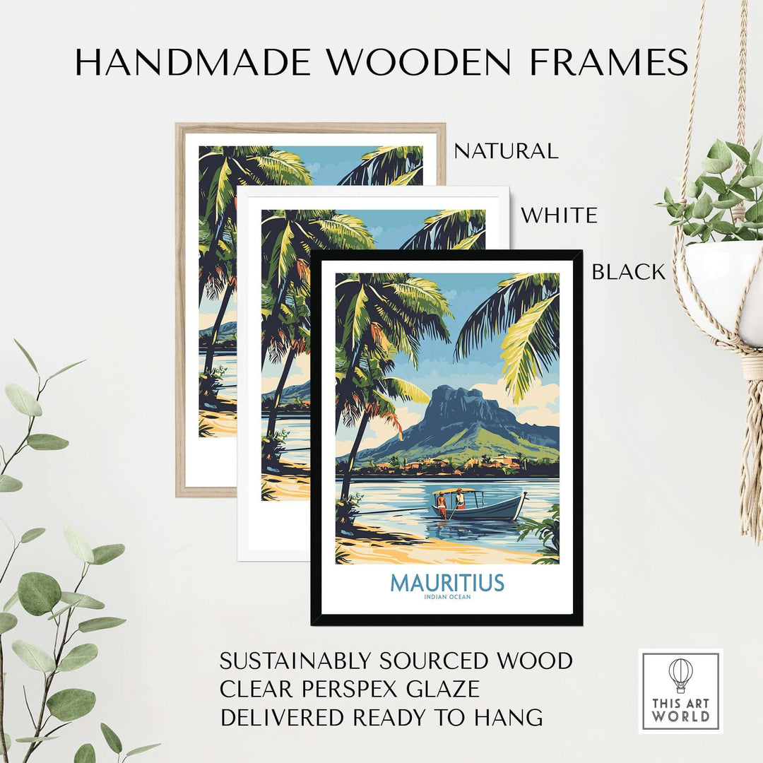 Handmade wooden frames in natural, white, and black showcasing Mauritius landscape print with palm trees and a boat.