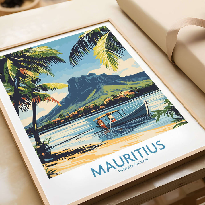 Mauritius landscape print featuring palm trees and a boat, showcasing the island's charm as wall art.