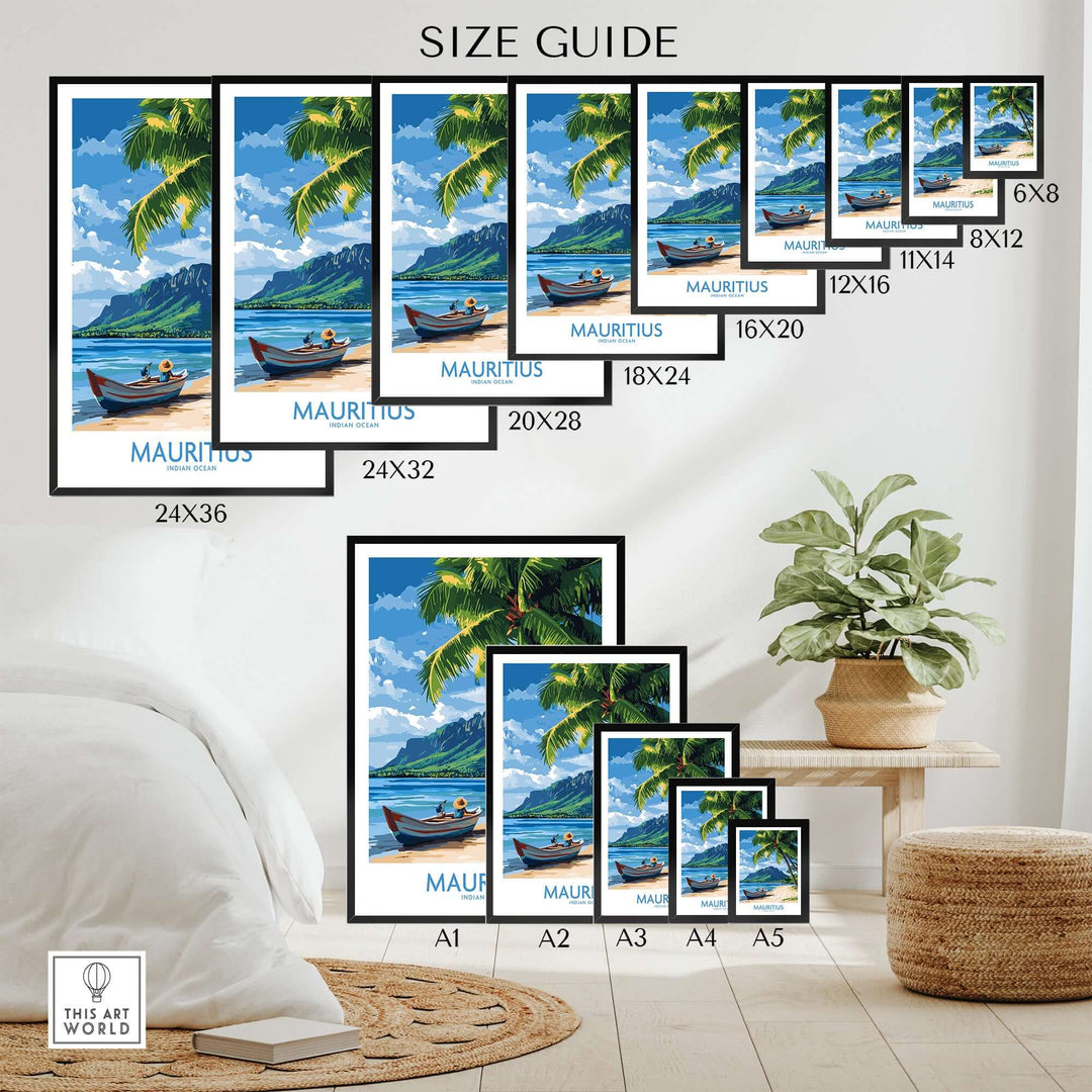 Size guide for Mauritius beach scene poster featuring various frame sizes and tropical design elements.
