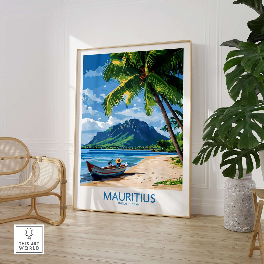 Mauritius beach poster featuring a boat, palm trees, and stunning landscape, perfect for travel enthusiasts.