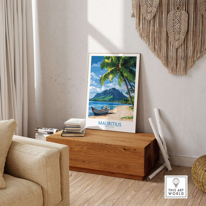 Mauritius poster featuring a beach scene with palm trees and a boat, perfect for travel lovers.