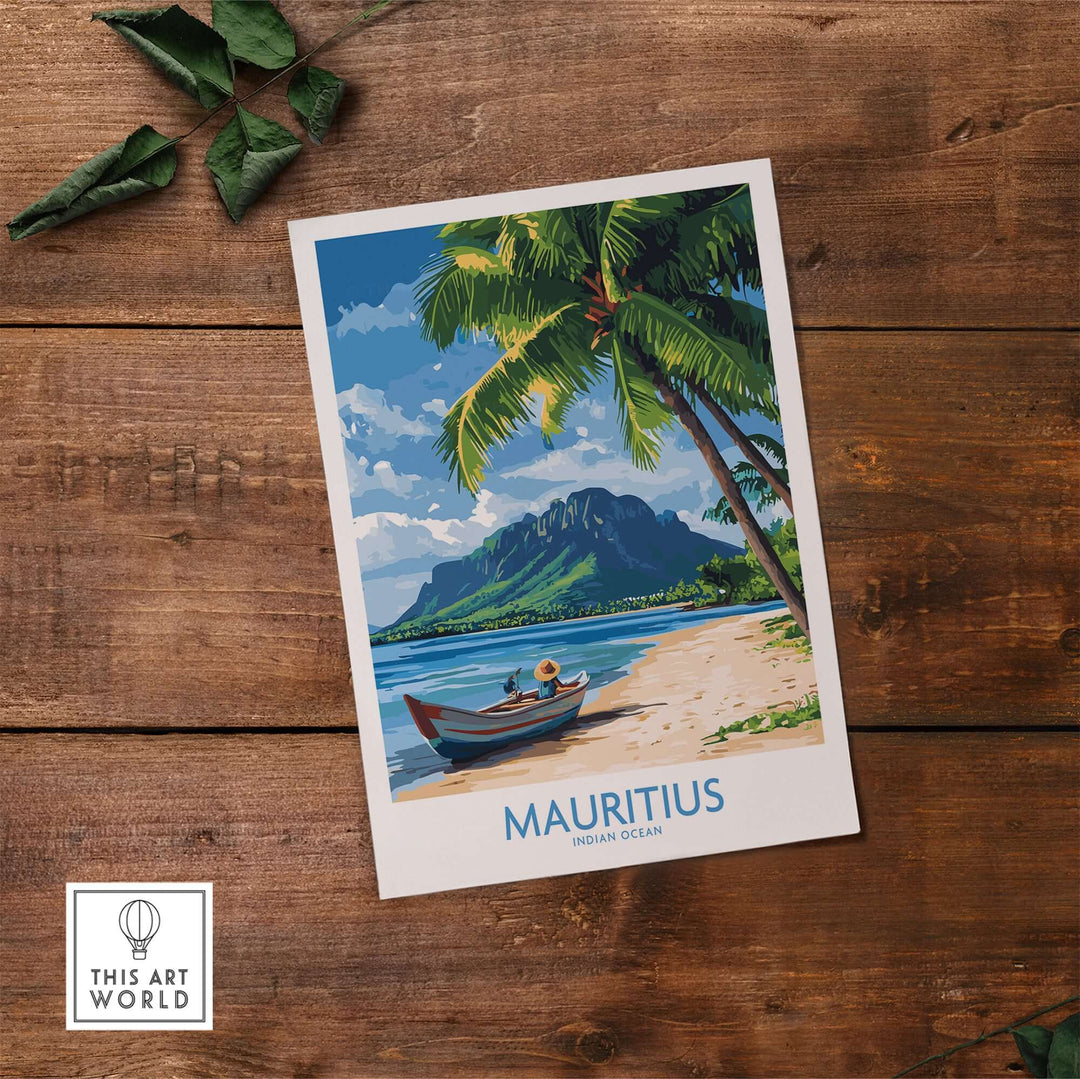 Mauritius poster featuring a beach scene with palm trees, a boat, and majestic mountains in the background.