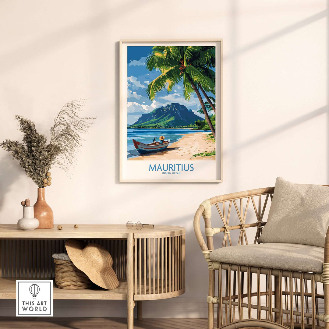 Mauritius beach scene poster featuring tropical palm trees and serene waters, perfect for home or office decor.