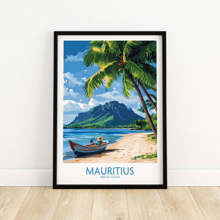 Mauritius poster showcasing a tropical beach scene with clear waters, palm trees, and a picturesque boat.