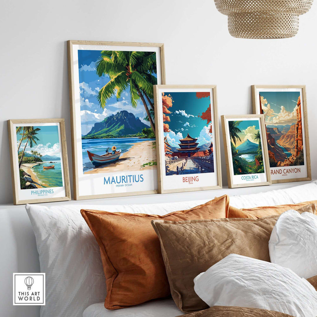 Framed travel posters including Mauritius, Beijing, Costa Rica, and the Grand Canyon in a stylish home setting.