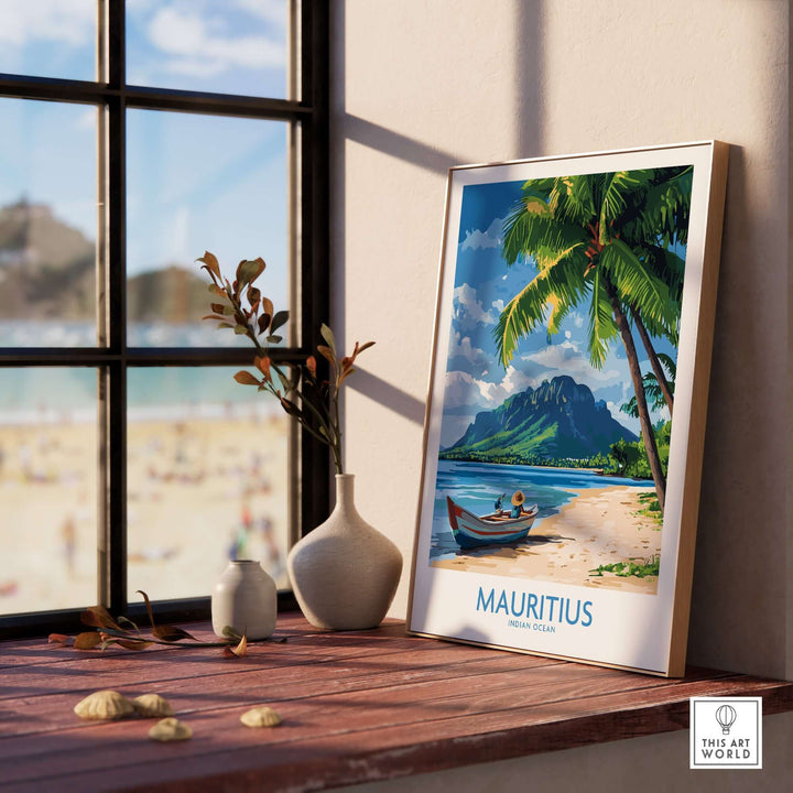 Mauritius poster depicting tropical beach scene with clear waters and palm trees, perfect for travel lovers.
