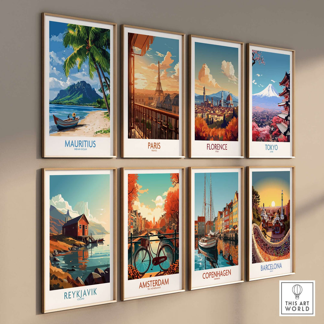 Collection of travel posters featuring Mauritius, Paris, Florence, Tokyo, Reykjavík, Amsterdam, Copenhagen, and Barcelona.
