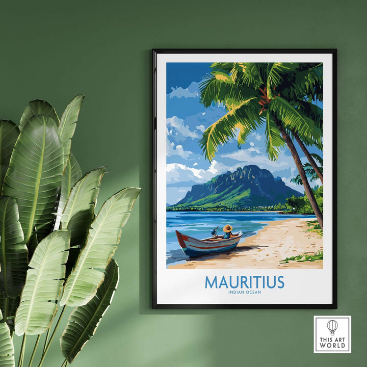 Mauritius beach scene poster featuring crystal clear waters, palm trees, and a boat, perfect for tropical decor.