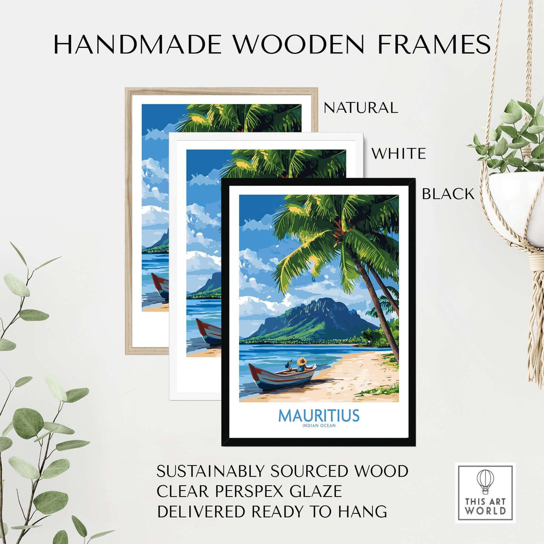Handmade wooden frames in natural, white, and black showcasing Mauritius beach scene poster.