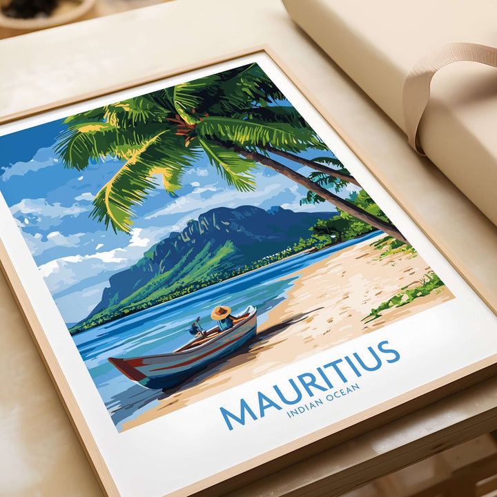 Mauritius poster featuring a beach scene with palm trees, a boat, and a mountain backdrop, perfect for tropical decor.