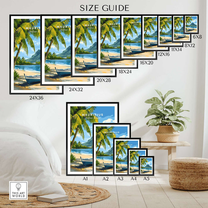 Size guide for Mauritius Seascape Art Print, showcasing various frame dimensions and tropical decor options.