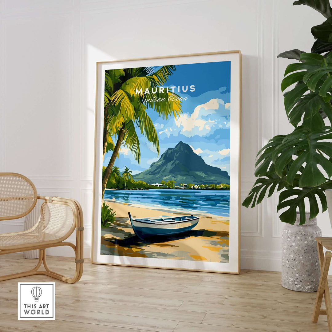 Mauritius seascape art print featuring a boat on the beach with mountains and palm trees, perfect tropical wall decor.