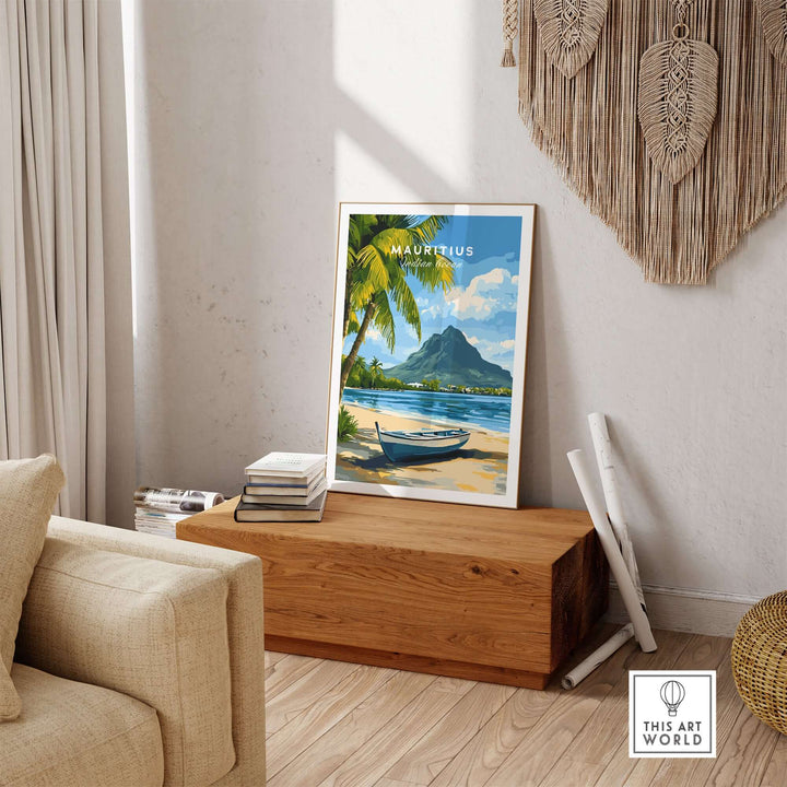 Mauritius Seascape Art Print displayed in a cozy living room, showcasing tropical decor and beach vibes.