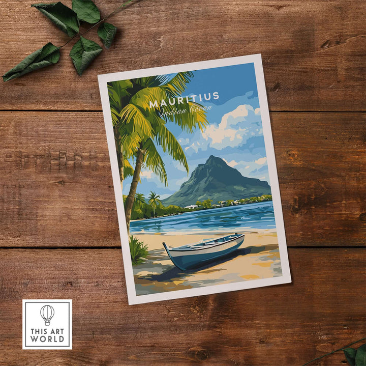 Mauritius Seascape Art Print with palm trees and a boat on a beach, vibrant tropical decor for home.