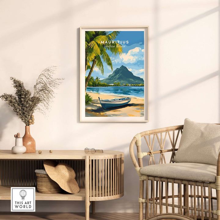 Mauritius Seascape Art Print showcasing a tropical paradise with palm trees and a boat, perfect for island decor.
