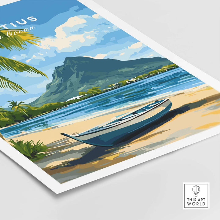Mauritius seascape art print featuring a calm ocean and a boat on the beach, perfect tropical wall decor.