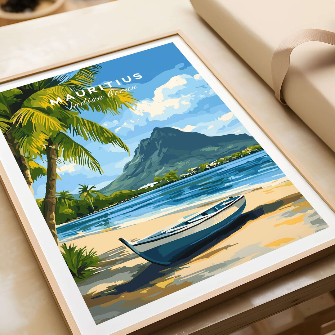 Mauritius seascape art print featuring a boat on the beach, tropical palm trees, and scenic mountain backdrop.