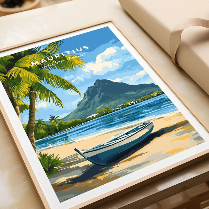 Mauritius seascape art print featuring a boat on the beach, tropical palm trees, and scenic mountain backdrop.