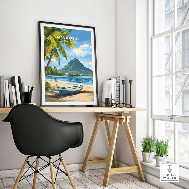 Mauritius seascape art print in a modern home office, tropical wall poster decor with island views.