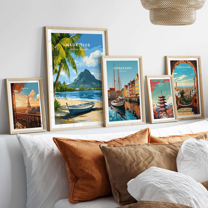 Mauritius seascape art print among framed tropical travel posters, adding coastal charm to home decor.