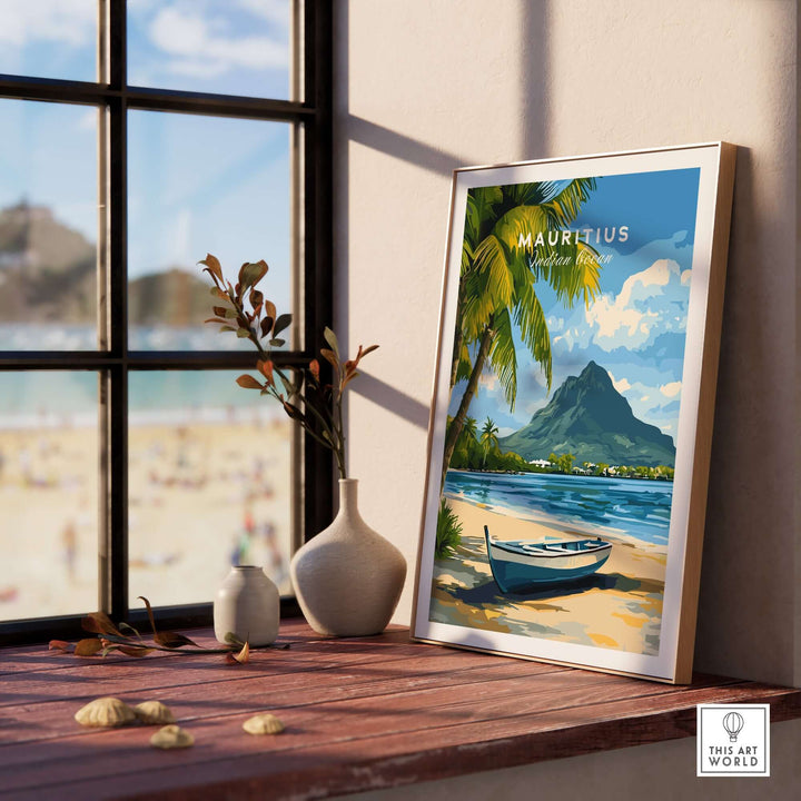 Mauritius seascape art print brimming with tropical charm, featuring a boat and stunning island view in a cozy home setting.