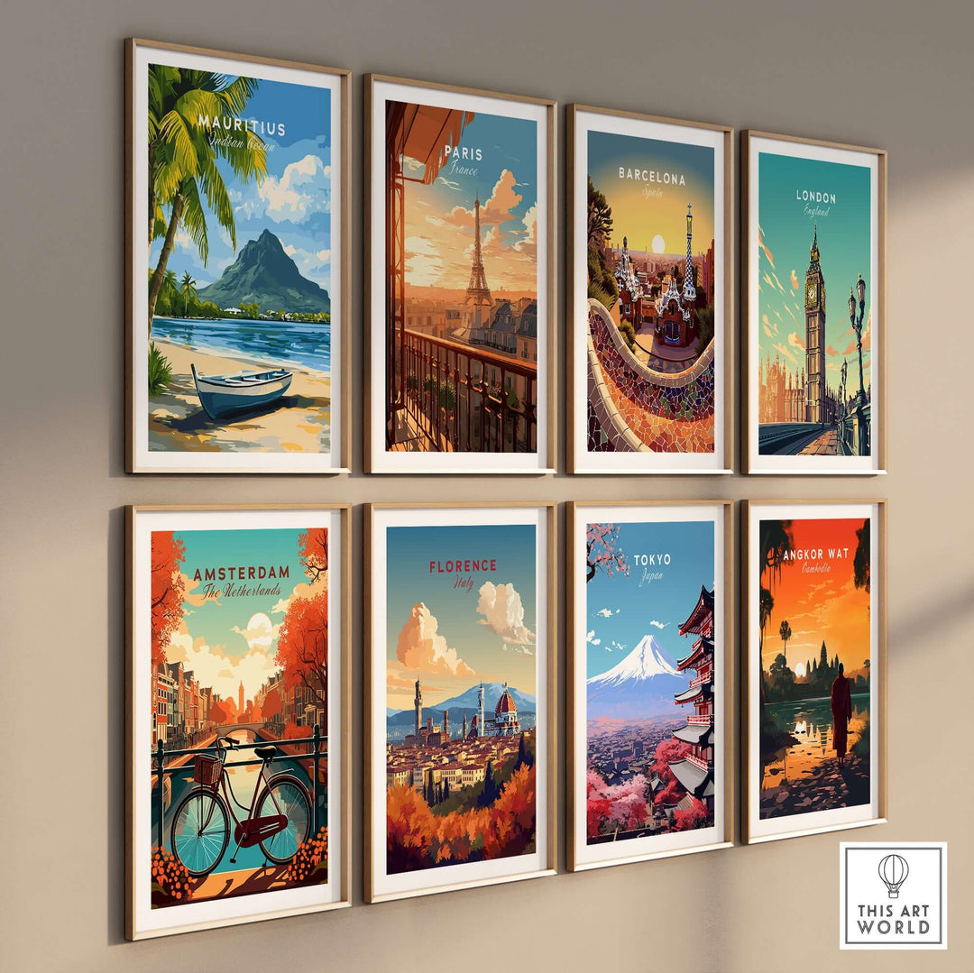 Gallery of travel art prints featuring Mauritius, Paris, Barcelona, London, Amsterdam, Florence, Tokyo, and Bangkok.