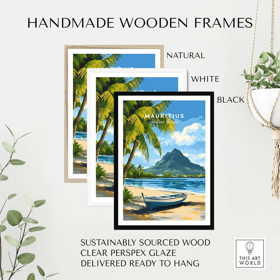 Handmade wooden frames in natural, white, and black for Mauritius Seascape art print, ready to hang.