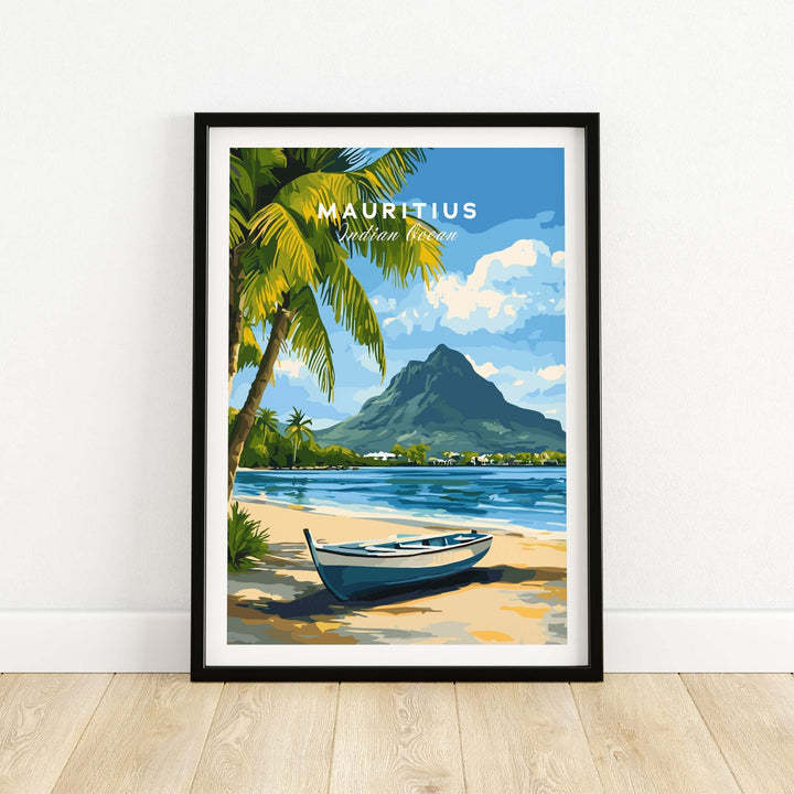 Mauritius Seascape Art Print featuring a tropical beach scene with a boat, palm trees, and mountains.