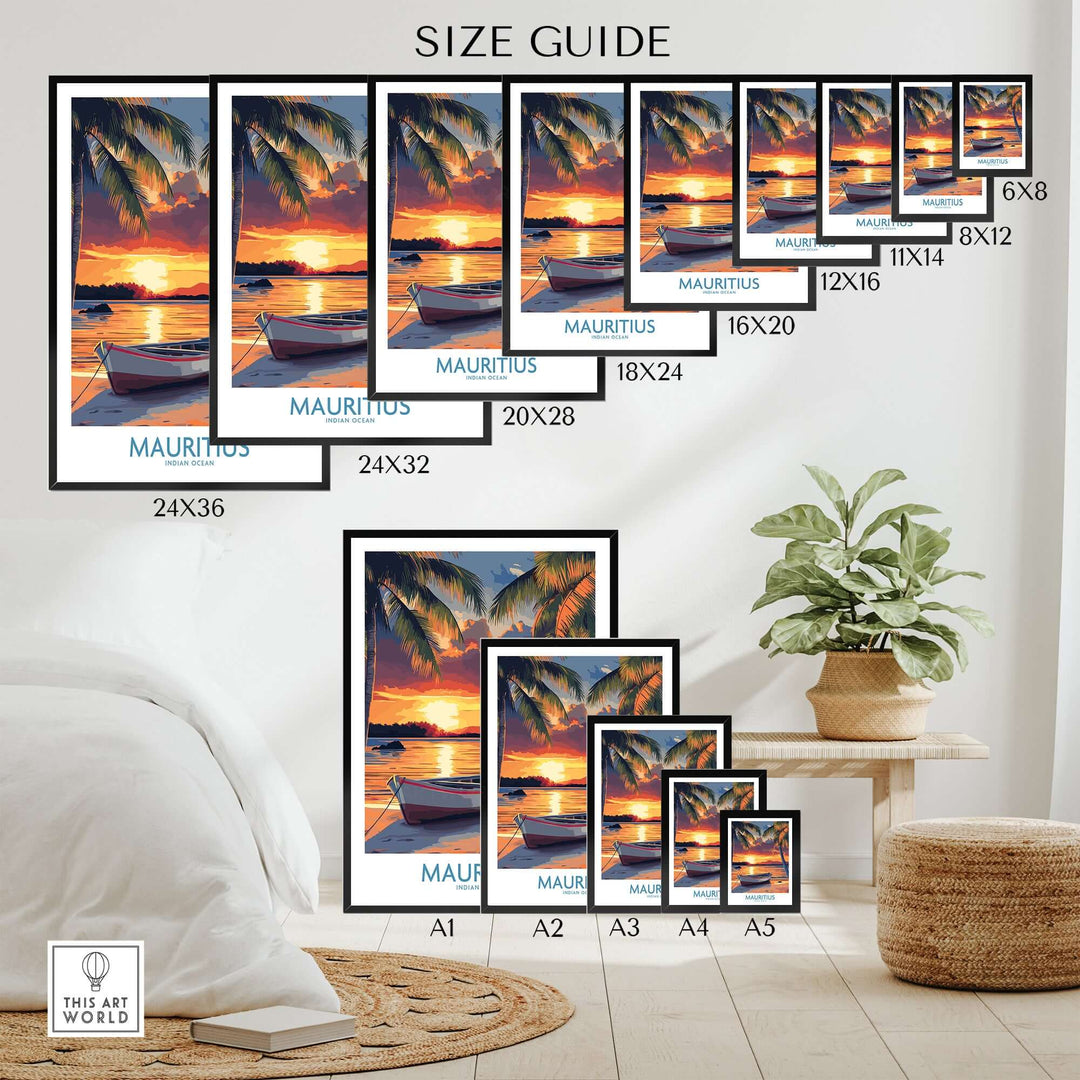 Size guide for Mauritius travel poster featuring tropical beach sunset. Multiple sizes displayed in a chic interior setting.