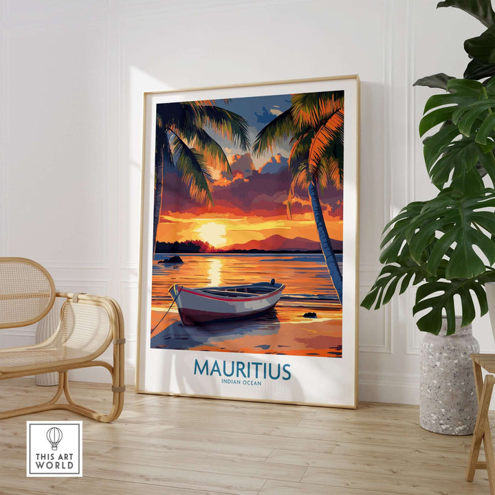 Mauritius travel poster featuring a sunset at a tropical beach with a boat, ideal for travel lovers' decor.
