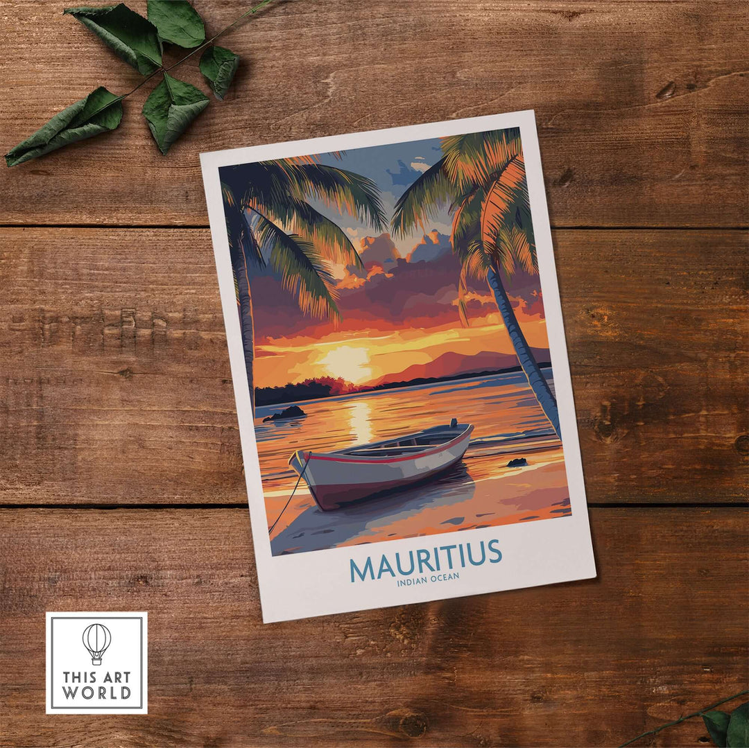 Mauritius travel poster showcasing a tropical beach at sunset with palm trees and a boat on the water.